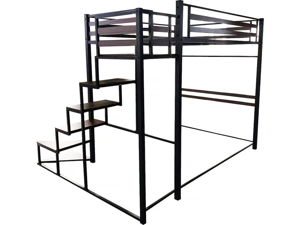 Lit mezzanine en métal avec escalier "LENA" - 140 x 190 cm - Noir et marron noyer