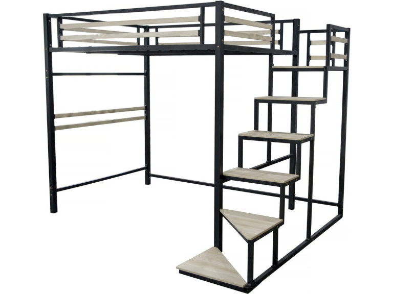 Lit mezzanine en métal avec escalier "LENA" - 140 x 190 cm - Noir