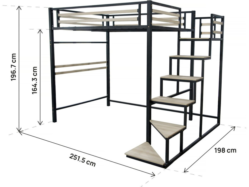 Lit mezzanine en métal avec escalier "LENA" - 140 x 190 cm - Noir