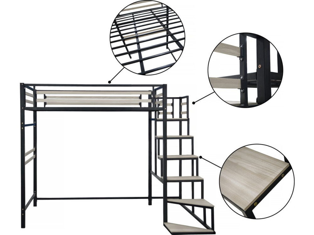 Lit mezzanine en métal avec escalier "LENA" - 140 x 190 cm - Noir