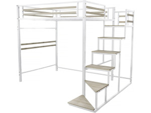 Lit mezzanine en métal avec escalier "LENA" - 140 x 190 cm - Blanc