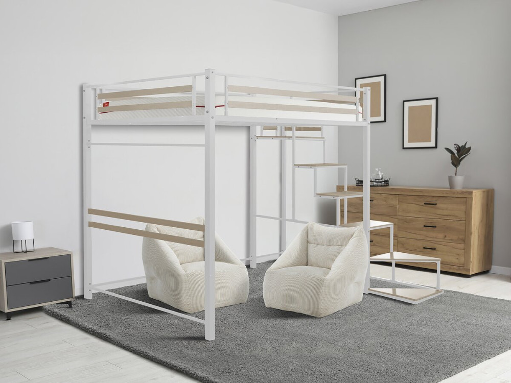 Lit mezzanine en métal avec escalier "LENA" - 140 x 190 cm - Blanc