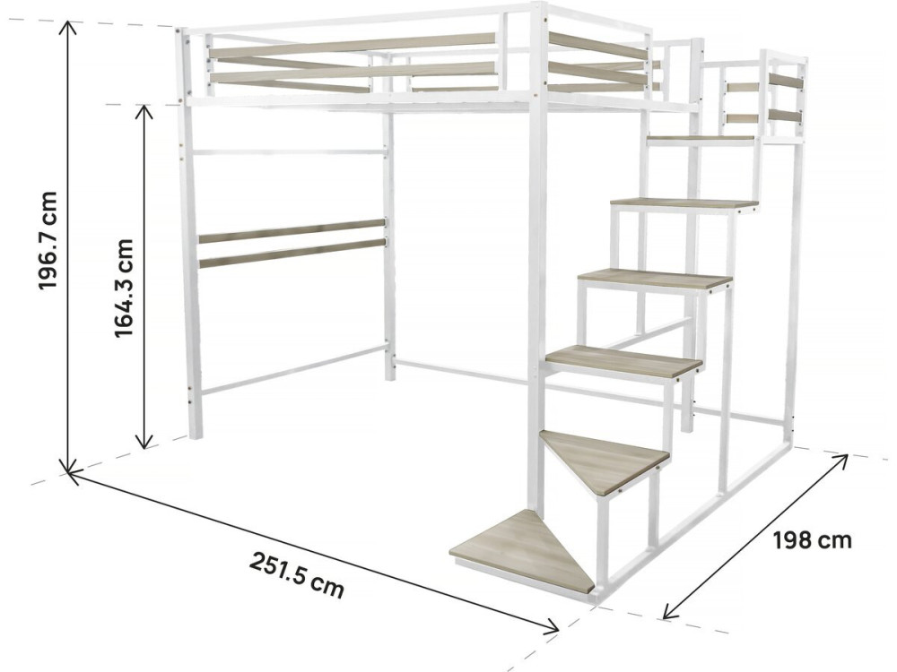 Lit mezzanine en métal avec escalier "LENA" - 140 x 190 cm - Blanc