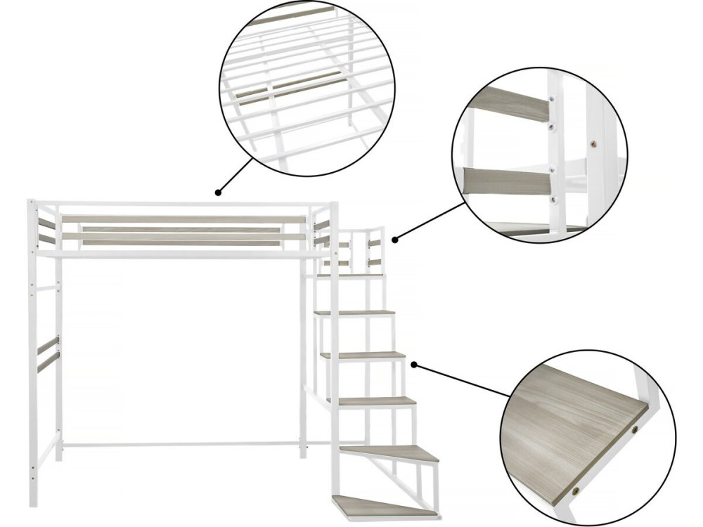 Lit mezzanine en métal avec escalier "LENA" - 140 x 190 cm - Blanc