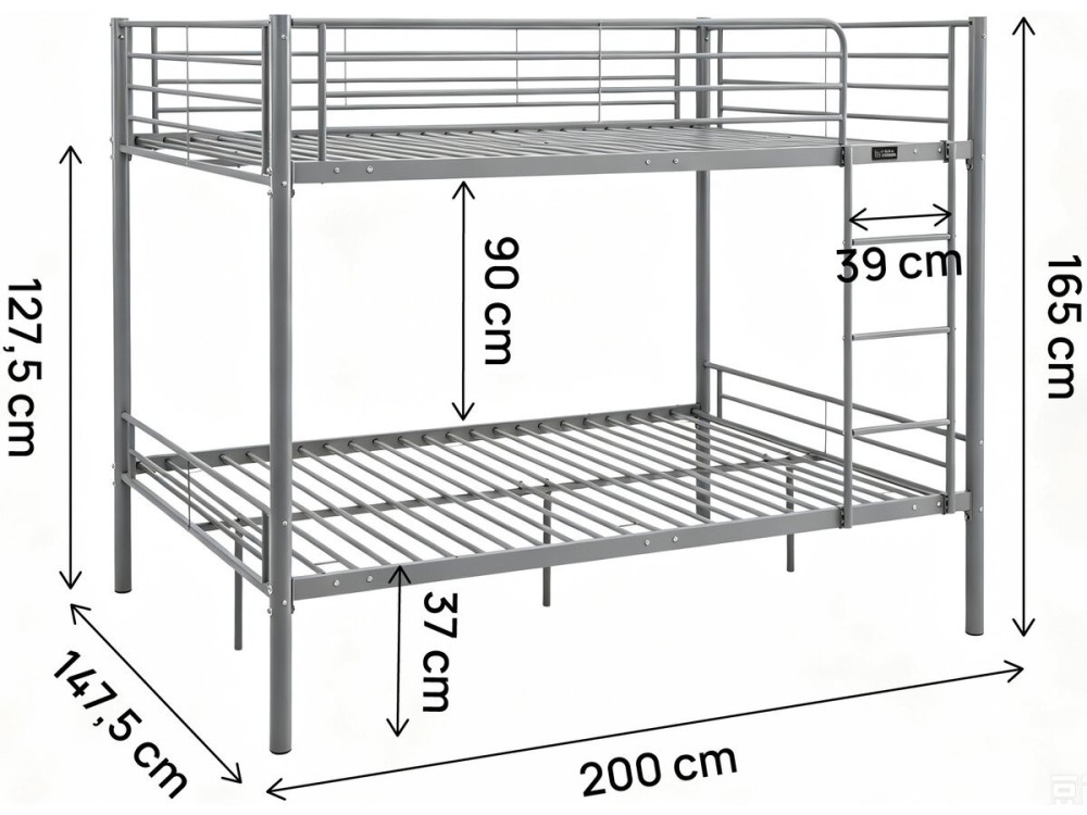 Lit double superposé avec sommier inclus "Adam" - 140 x 190 cm - Gris