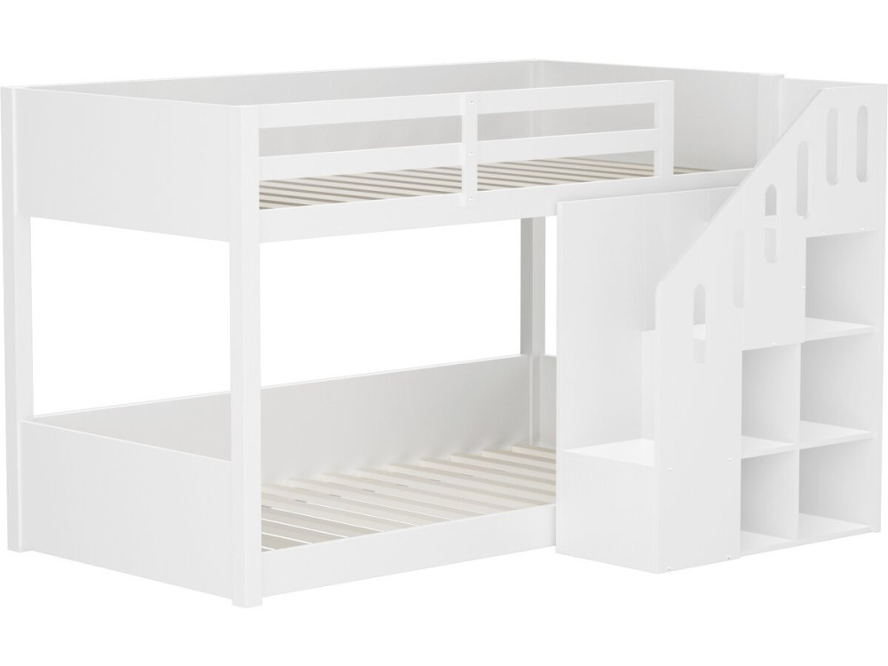 Lit superposé en bois avec escalier et rangements "Léana" - 90 x 190 cm - Blanc