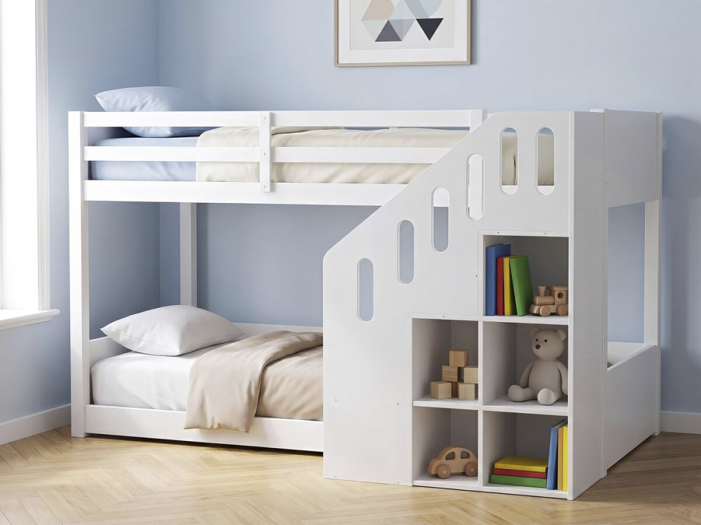 Lit superposé en bois avec escalier et rangements "Léana" - 90 x 190 cm - Blanc