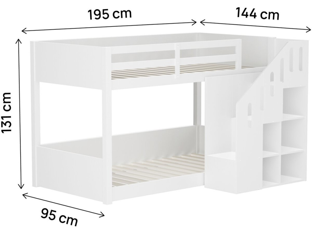 Lit superposé en bois avec escalier et rangements "Léana" - 90 x 190 cm - Blanc