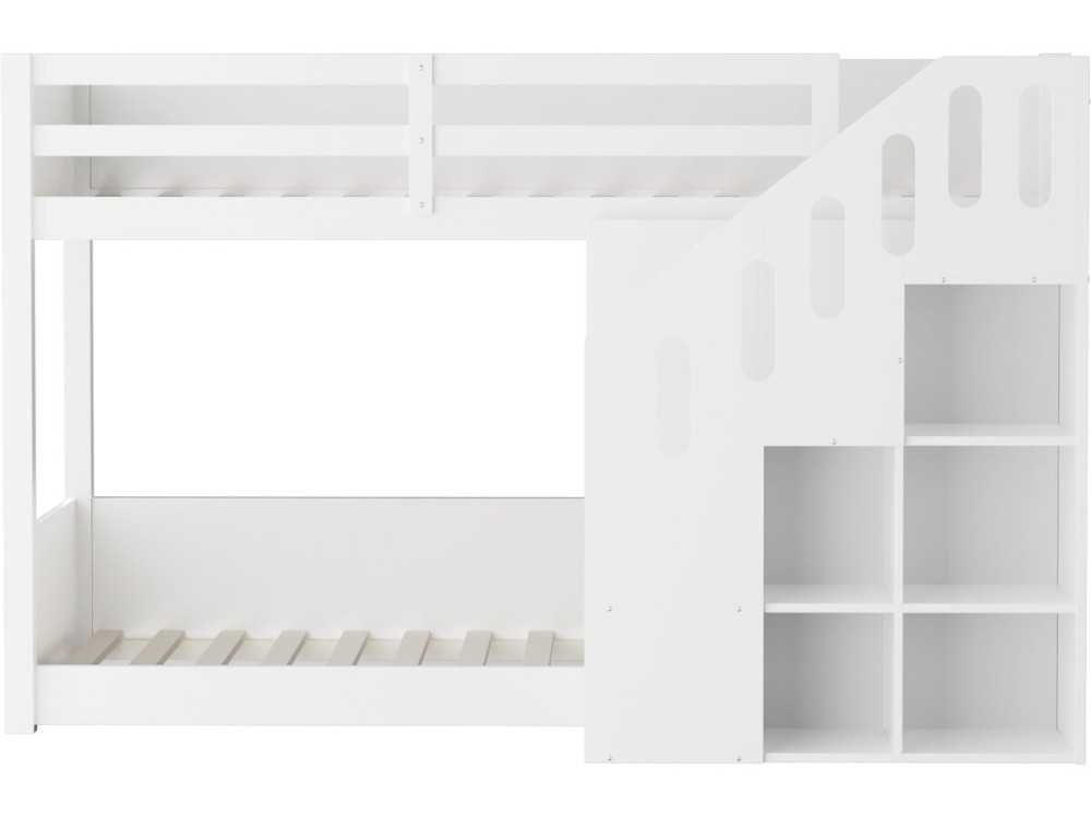 Lit superposé en bois avec escalier et rangements "Léana" - 90 x 190 cm - Blanc