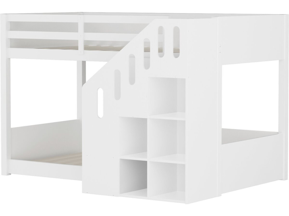 Lit superposé en bois avec escalier et rangements "Léana" - 90 x 190 cm - Blanc