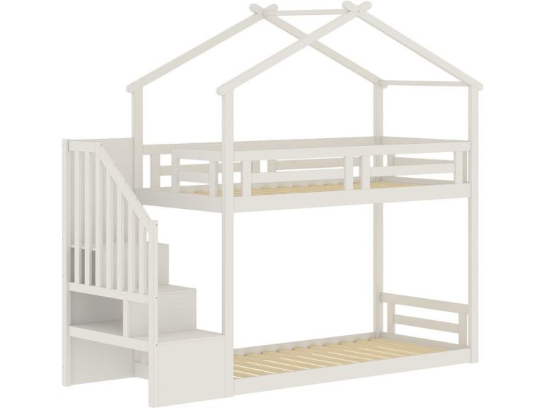 Lit cabane superposé avec escalier en bois "Oriana" - 90 x 190 cm - Beige