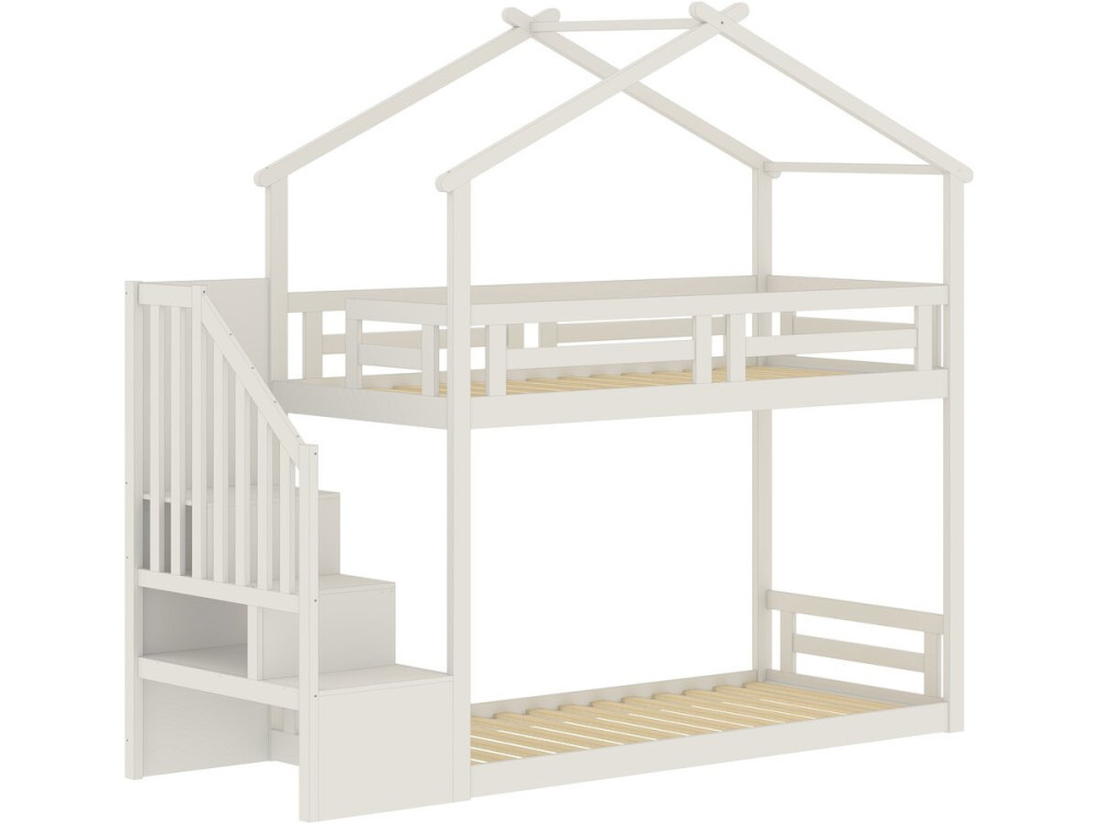 Lit cabane superposé avec escalier en bois "Oriana" - 90 x 190 cm - Beige