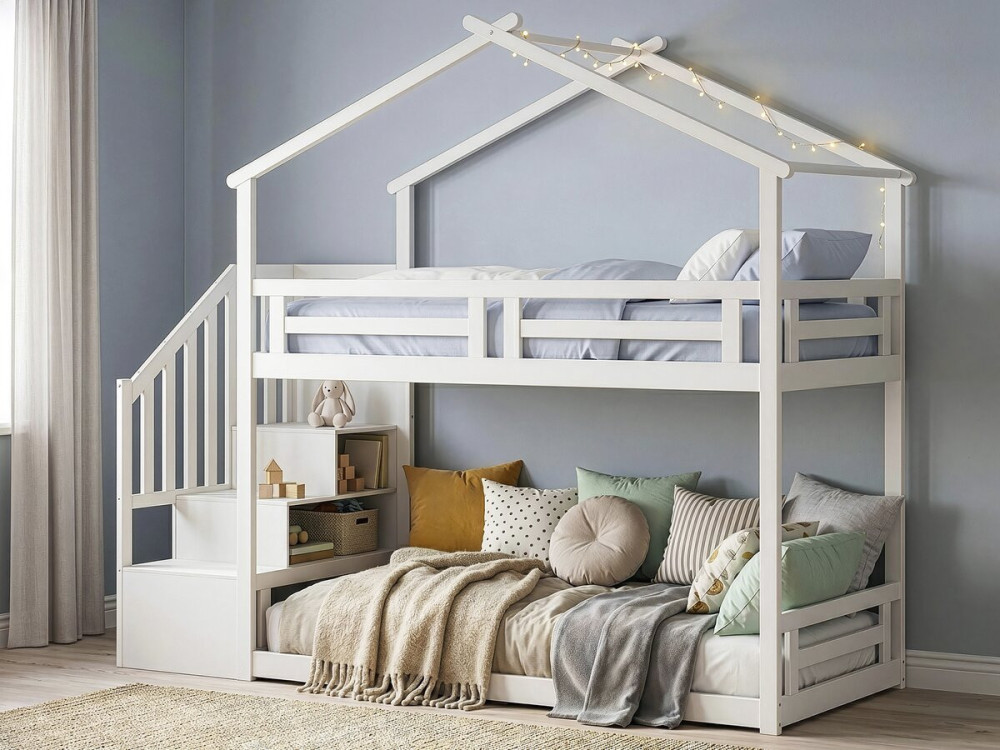 Lit cabane superposé avec escalier en bois "Oriana" - 90 x 190 cm - Beige