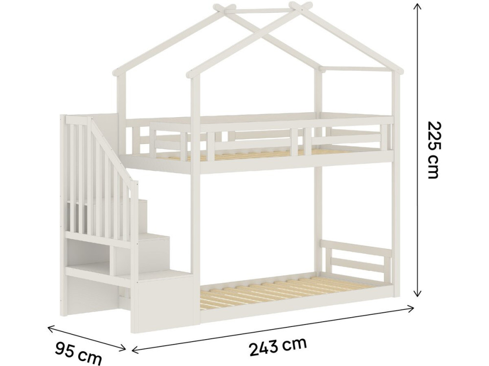 Lit cabane superposé avec escalier en bois "Oriana" - 90 x 190 cm - Beige