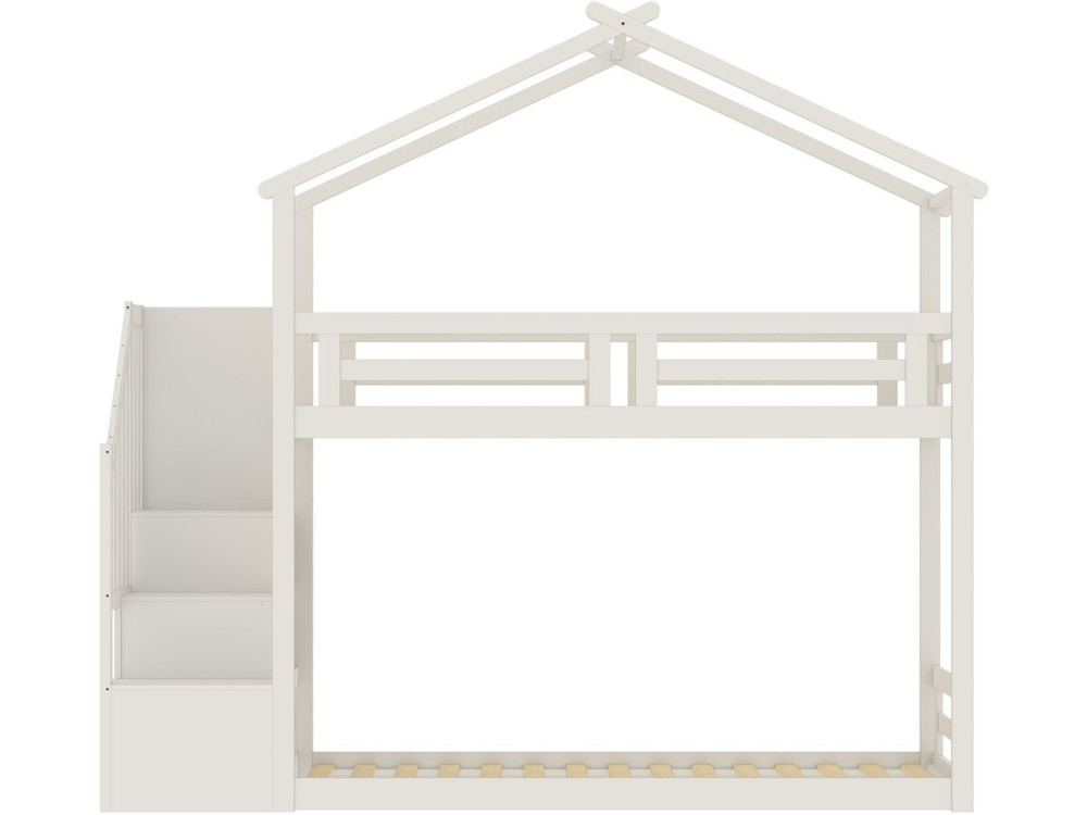 Lit cabane superposé avec escalier en bois "Oriana" - 90 x 190 cm - Beige