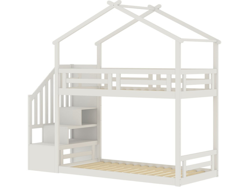 Lit cabane superposé avec escalier en bois "Oriana" - 90 x 190 cm - Beige
