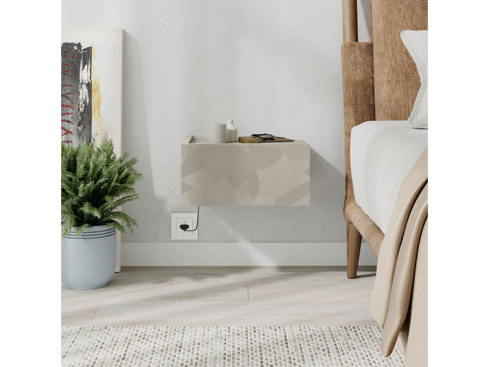 Table de chevet avec éclairage LED en bois "Onda" - 38 x 31 x 18 cm - Beige