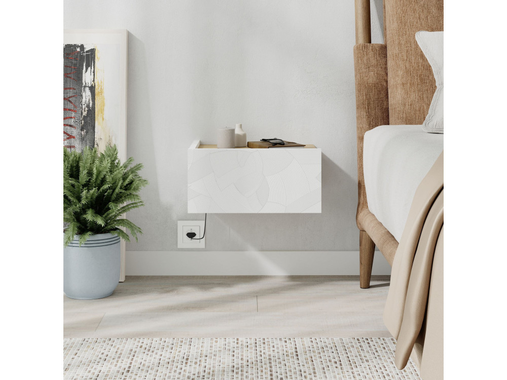 Table de chevet avec éclairage LED en bois "Onda" - 38 x 31 x 18 cm - Blanc