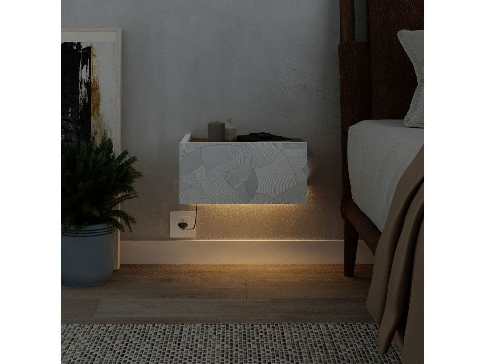 Table de chevet avec éclairage LED en bois "Onda" - 38 x 31 x 18 cm - Blanc