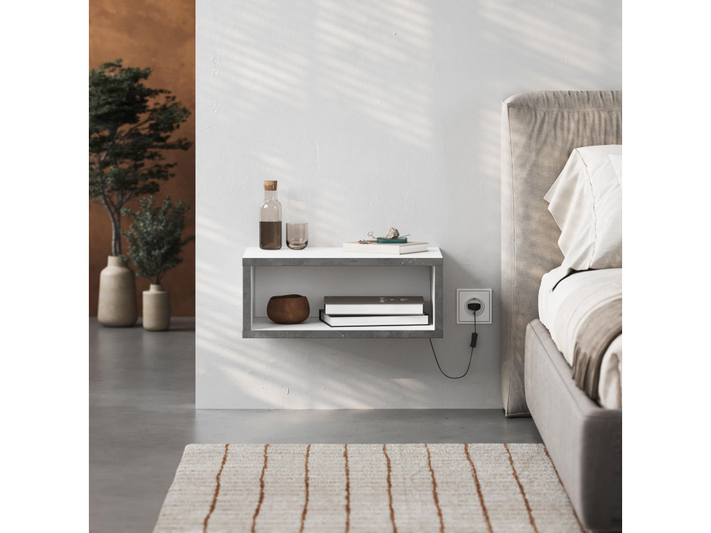 Table de chevet avec éclairage LED en bois "Brik" - 45 x 30 x 18 cm - Blanc