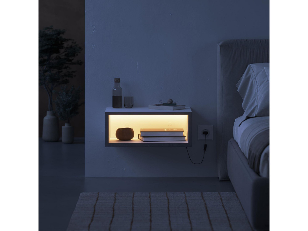 Table de chevet avec éclairage LED en bois "Brik" - 45 x 30 x 18 cm - Blanc