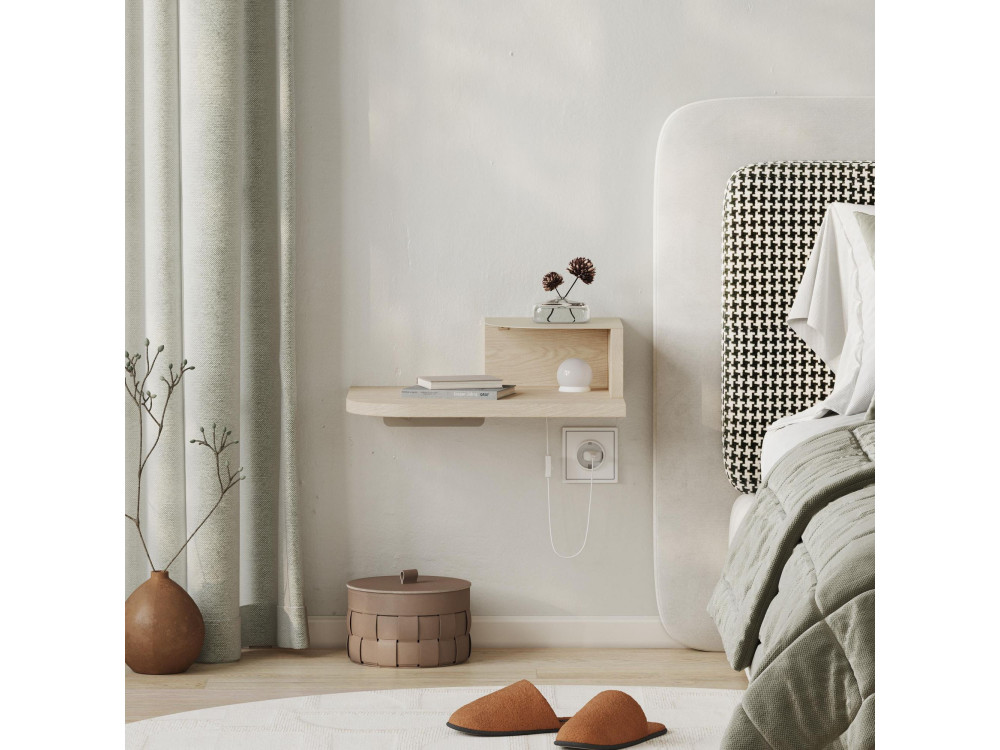 Table de chevet avec ampoule en bois "Luno" - 40 x 30 x 16 cm - Crème