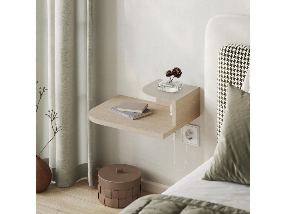 Table de chevet avec ampoule en bois "Luno" - 40 x 30 x 16 cm - Crème