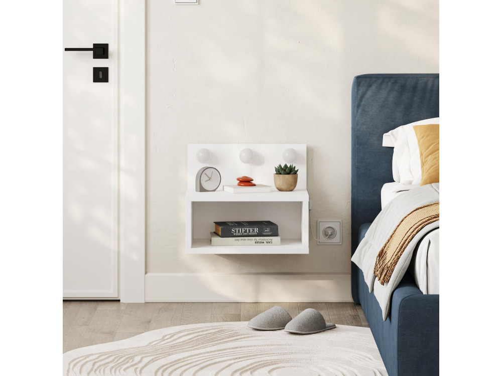Table de chevet avec ampoule en bois "Treo" - 40 x 30 x 34 cm - Blanc