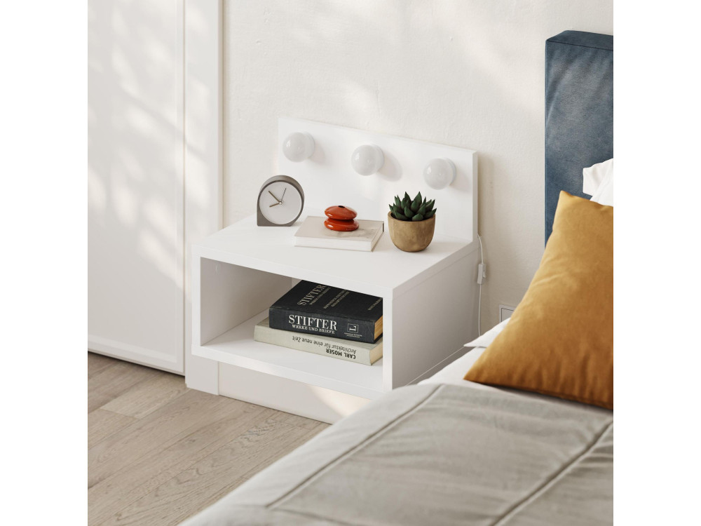 Table de chevet avec ampoule en bois "Treo" - 40 x 30 x 34 cm - Blanc