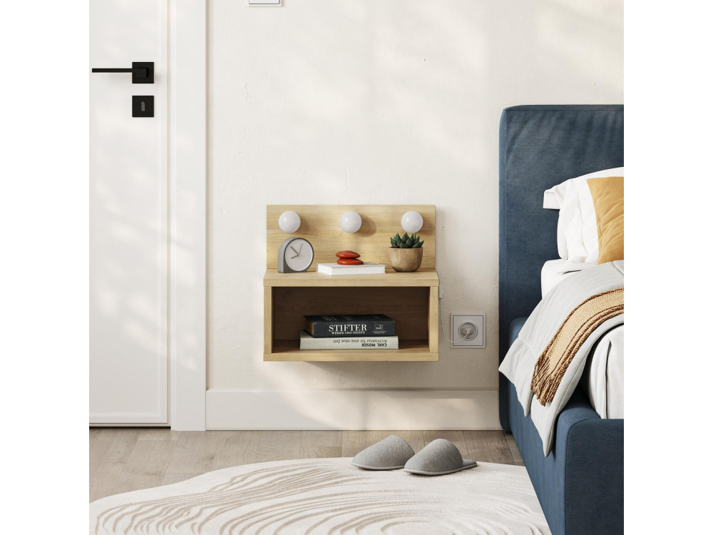 Table de chevet avec ampoule en bois "Treo" - 40 x 30 x 34 cm - Beige
