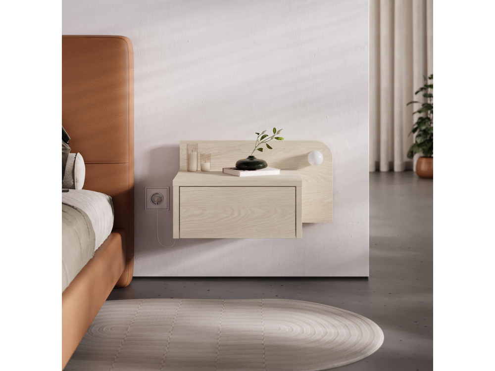 Table de chevet avec ampoule en bois "Dotta" - 52 x 30 x 28 cm - Beige