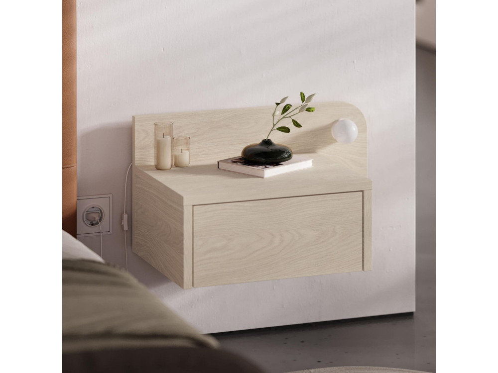 Table de chevet avec ampoule en bois "Dotta" - 52 x 30 x 28 cm - Beige