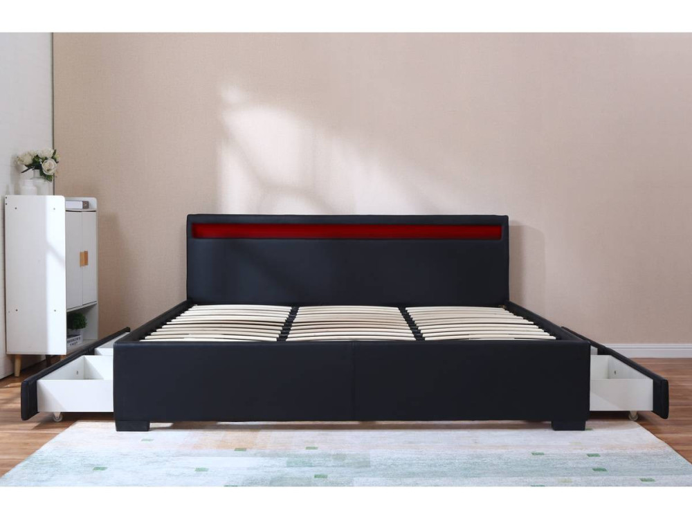 LIT LED double avec 4 tiroirs "Nico" - 180 x 200 cm - Noir