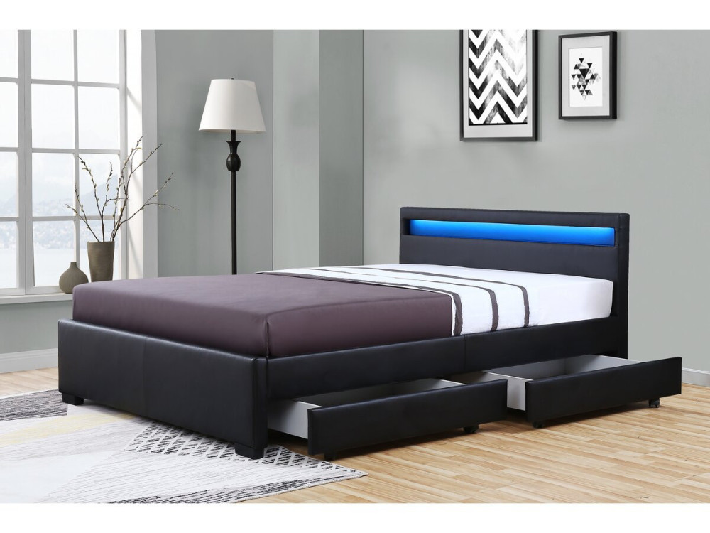 Lit LED avec 4 tiroirs "Nico" - 140 × 190 cm - Noir
