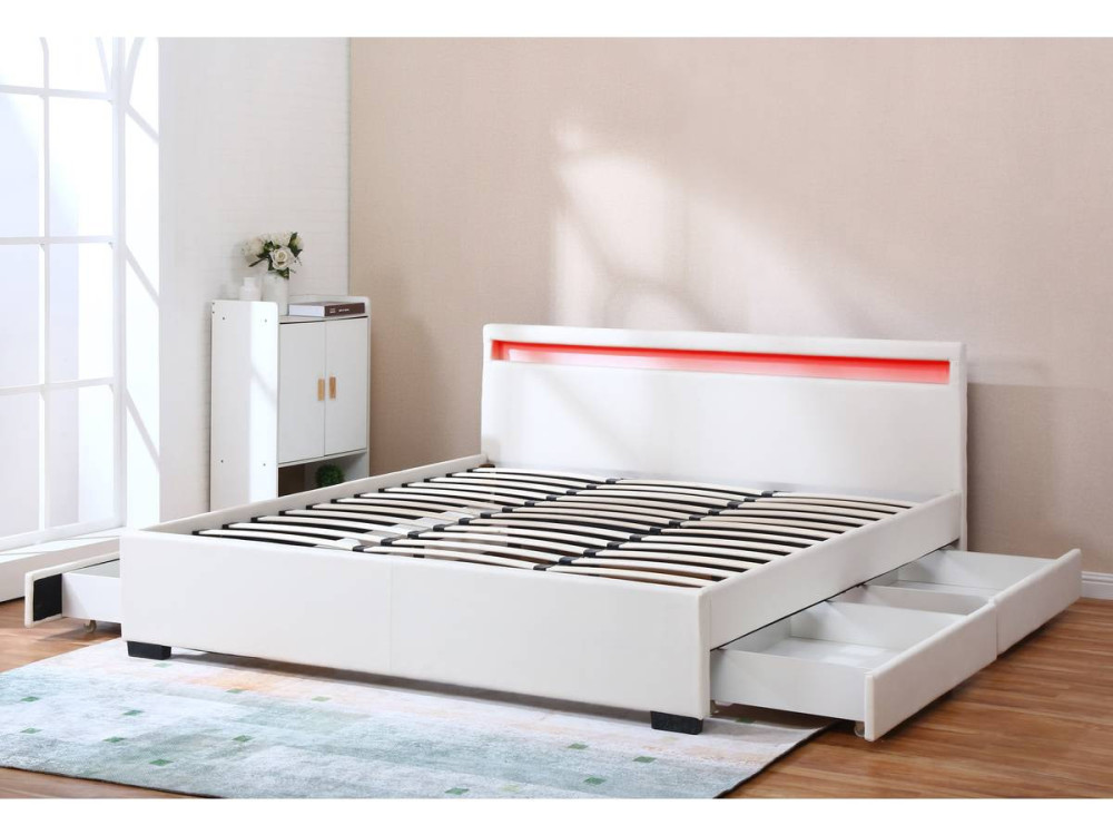 LIT LED double avec 4 tiroirs "Nico" - 180 x 200 cm - Blanc