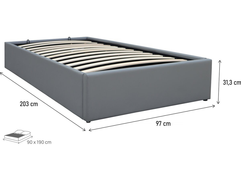 Lit simple en PVC avec coffre "Ava" - 90 x 190 cm - Gris
