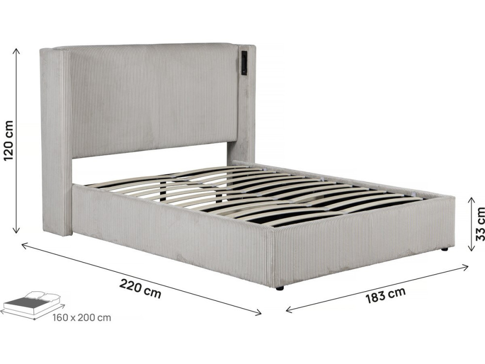 Lit double en velours côtelé avec coffre et lampe intégré "Cortina" - 160 x 200 cm - Beige