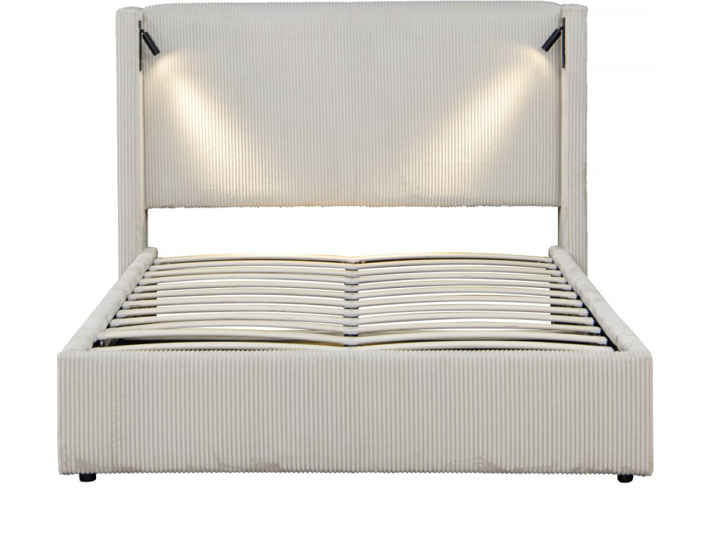 Lit double en velours côtelé avec coffre et lampe intégré "Cortina" - 160 x 200 cm - Beige