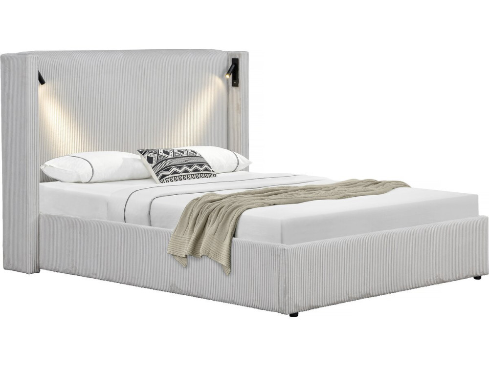 Lit double en velours côtelé avec coffre et lampe intégré "Cortina" - 140 x 190 cm-  Beige