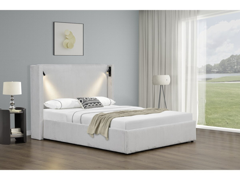 Lit double en velours côtelé avec coffre et lampe intégré "Cortina" - 140 x 190 cm-  Beige