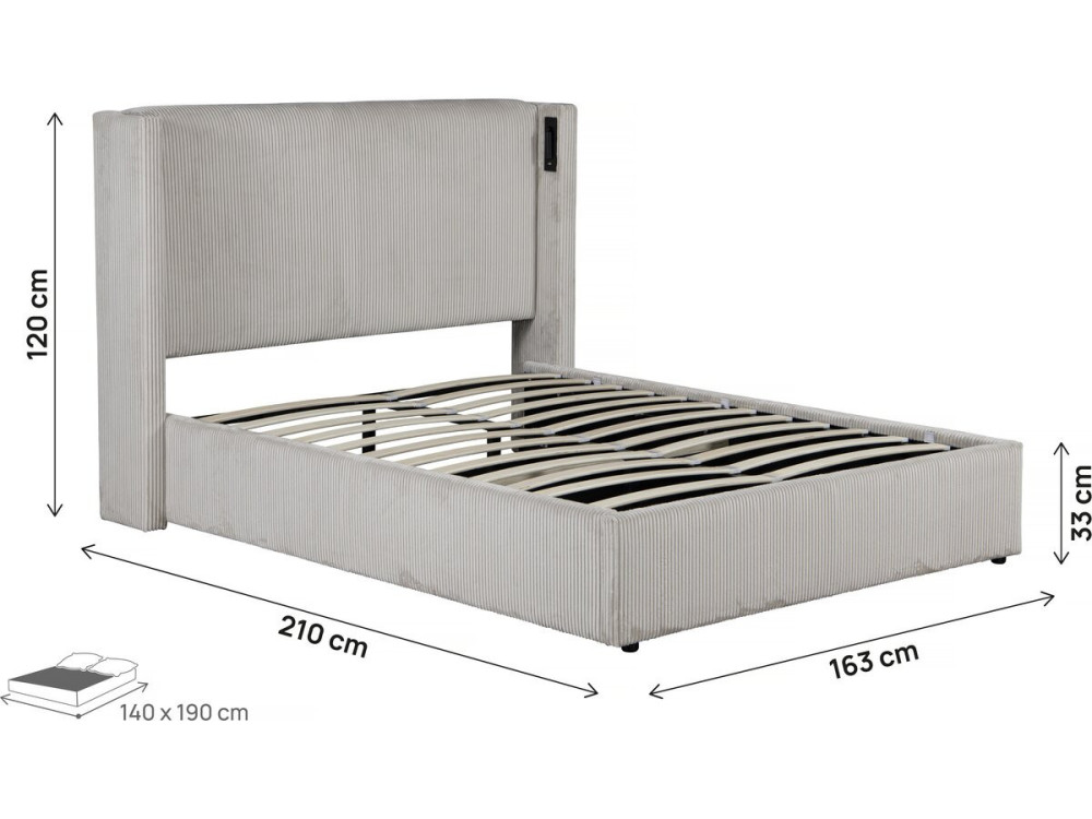 Lit double en velours côtelé avec coffre et lampe intégré "Cortina" - 140 x 190 cm-  Beige