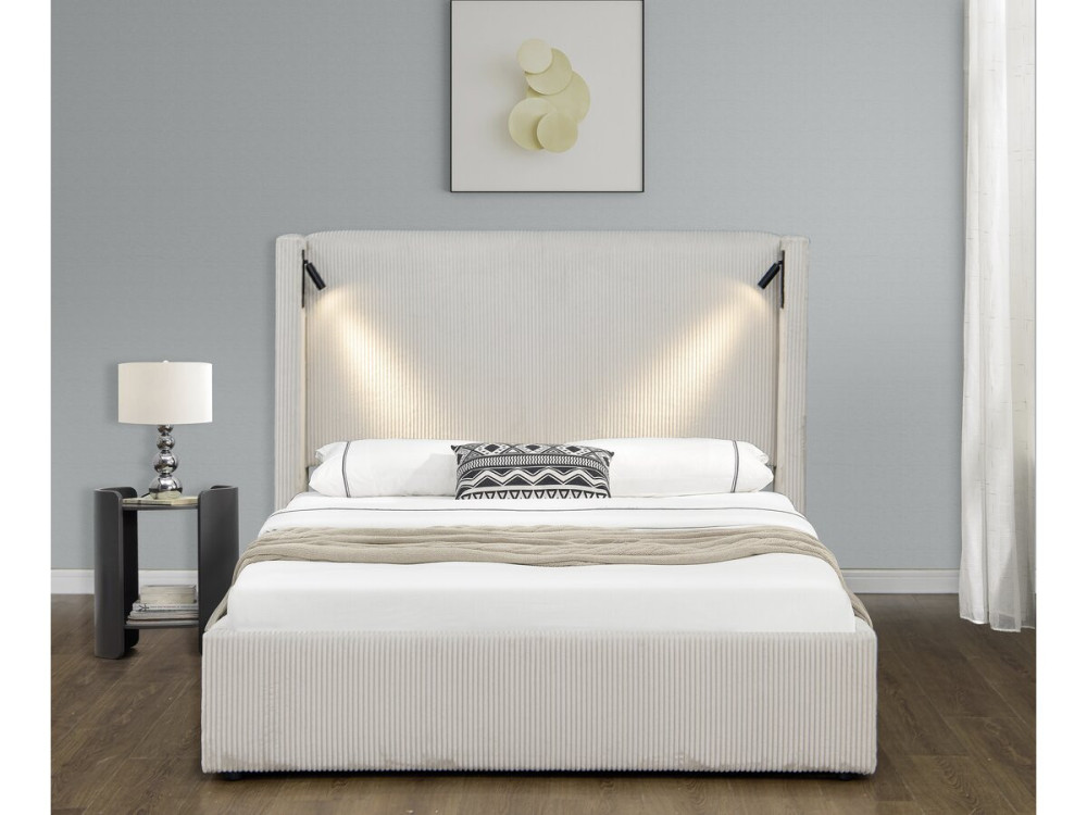 Lit double en velours côtelé avec coffre et lampe intégré "Cortina" - 140 x 190 cm-  Beige