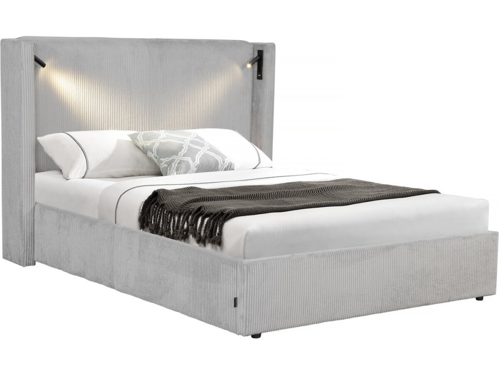 Lit double en velours côtelé avec coffre et lampe intégré "Cortina" - 160 x 200 cm - Gris