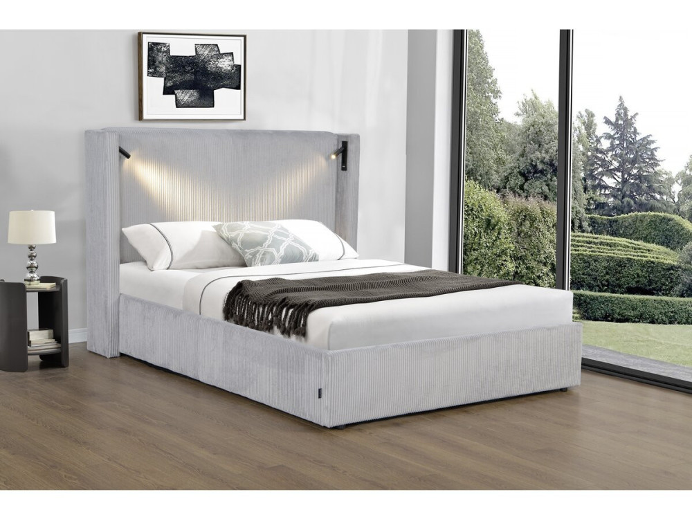 Lit double en velours côtelé avec coffre et lampe intégré "Cortina" - 160 x 200 cm - Gris