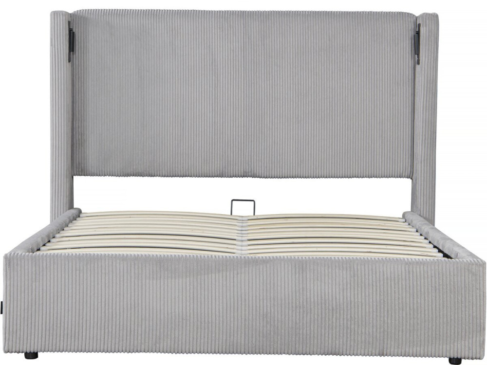 Lit double en velours côtelé avec coffre et lampe intégré "Cortina" - 160 x 200 cm - Gris