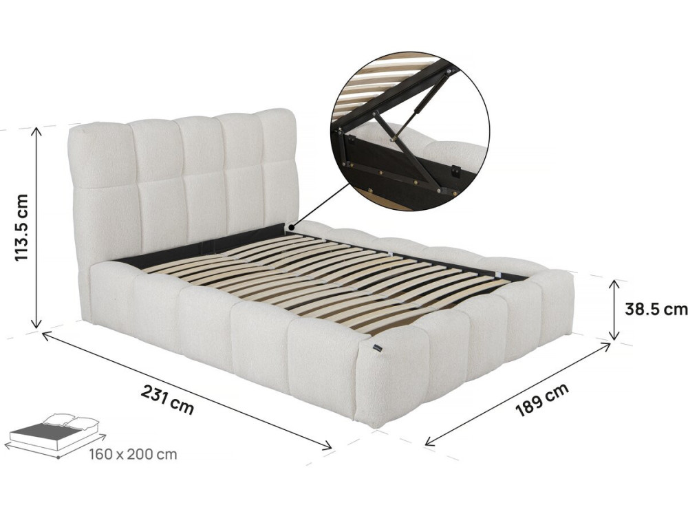 Lit double en tissu avec coffre "Davos" - 160 x 200 cm - Beige