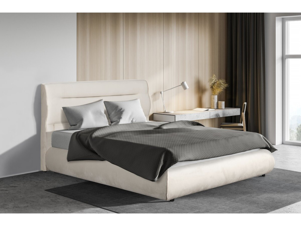 Lit double avec coffre en velours "Chamonix" - 140 x 190 cm - Beige