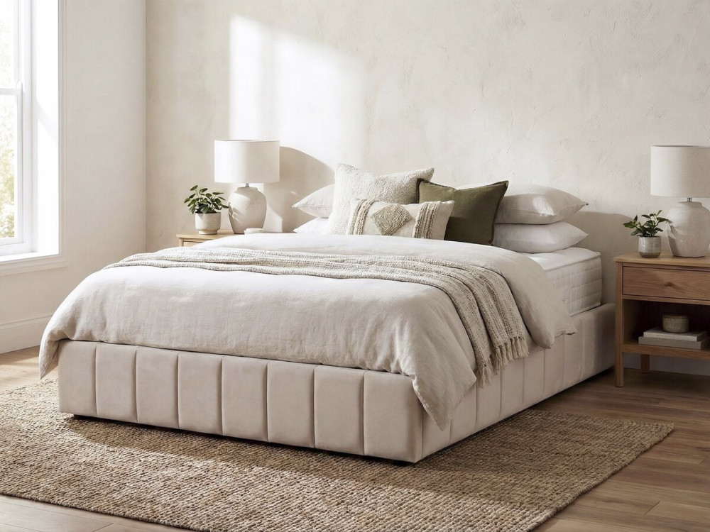 Lit double en velours avec coffre "Meribel" - Beige - 140 x 190 cm