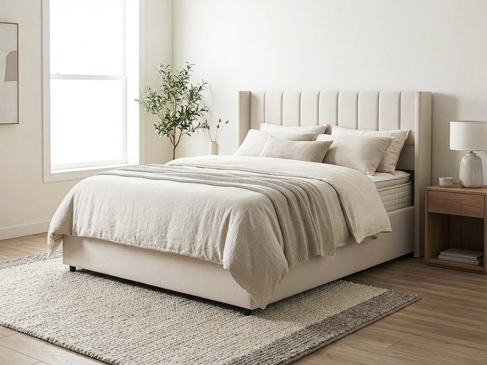 Lit double en lin avec coffre "Saint-Moritz" - 140 x 190 cm - Beige
