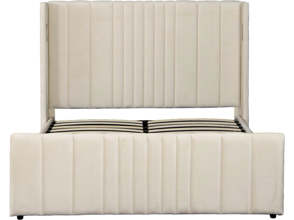 Lit double avec coffre en tissu et lampes intégrés "Verbier" - 140 x 190 cm - Beige